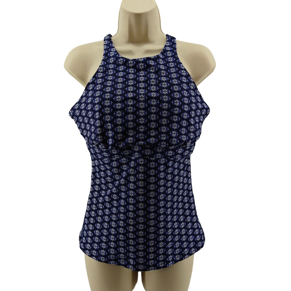 Athleta Tangier Tankini High Neck Blue Printed Underwire Top 36D/DD